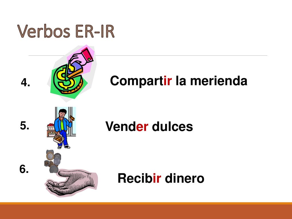 Verbos ER-IR Compartir la merienda Vender dulces Recibir dinero 4. 5.