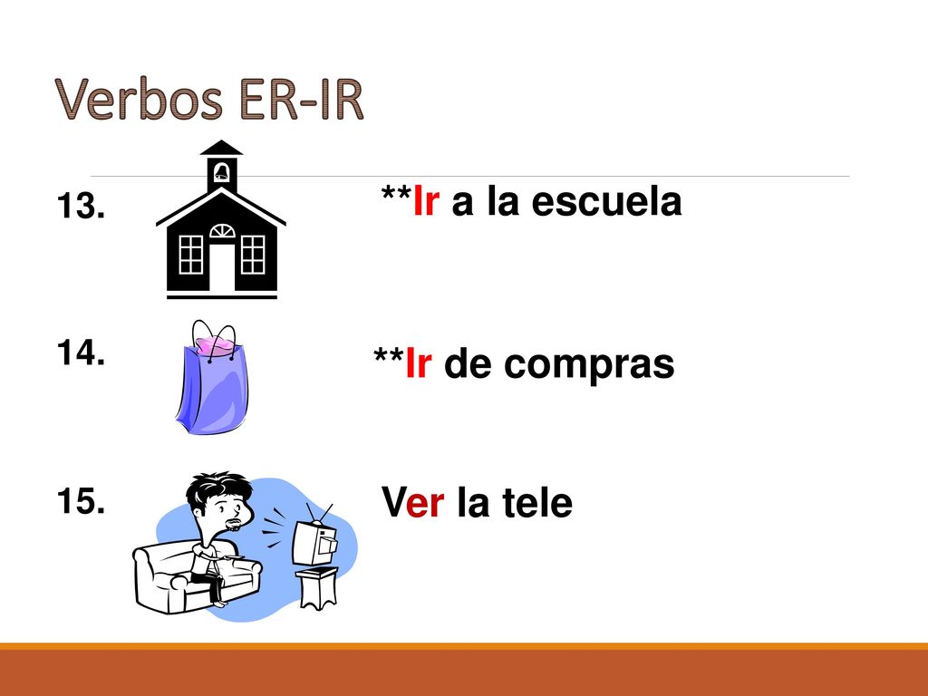 Verbos ER-IR **Ir a la escuela **Ir de compras 15. Ver la tele