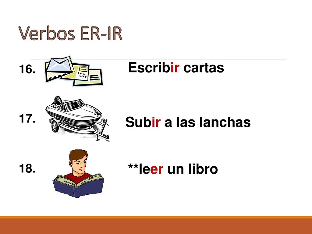 Verbos ER-IR Escribir cartas Subir a las lanchas **leer un libro 16.