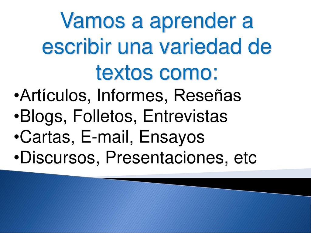 Vamos a aprender a escribir una variedad de textos como: