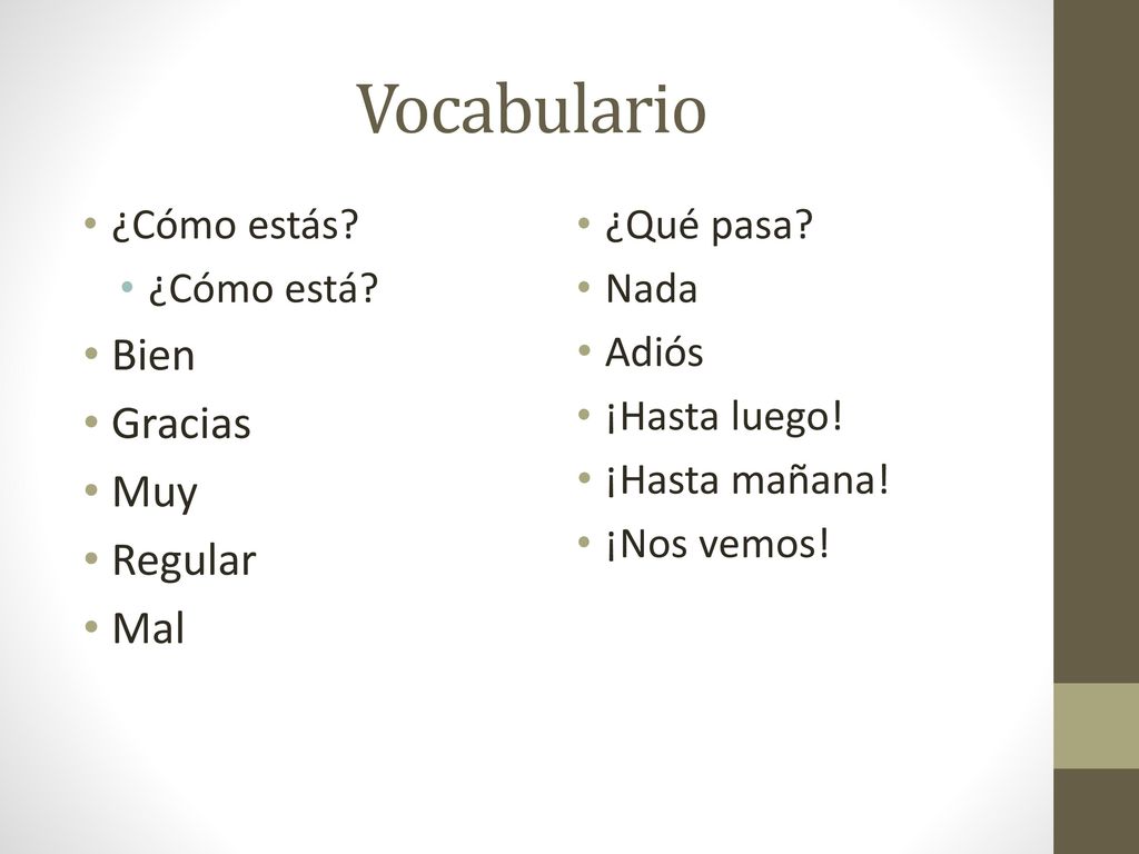 Vocabulario Bien Gracias Muy Regular Mal ¿Cómo estás ¿Cómo está