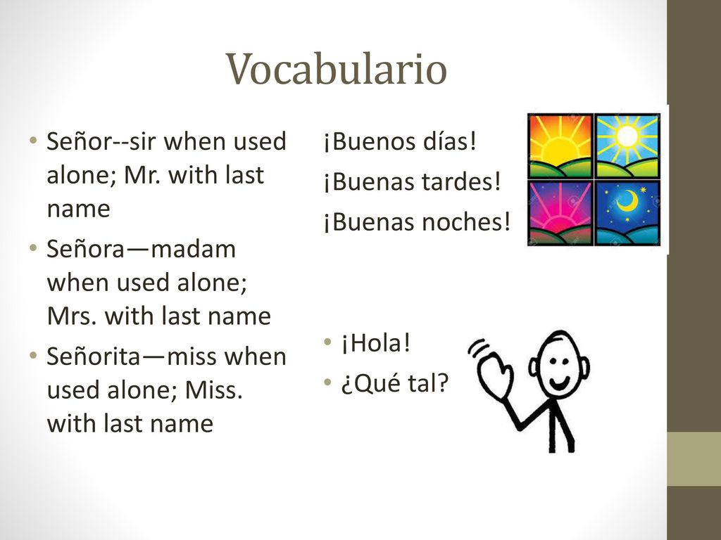 Vocabulario Señor--sir when used alone; Mr. with last name