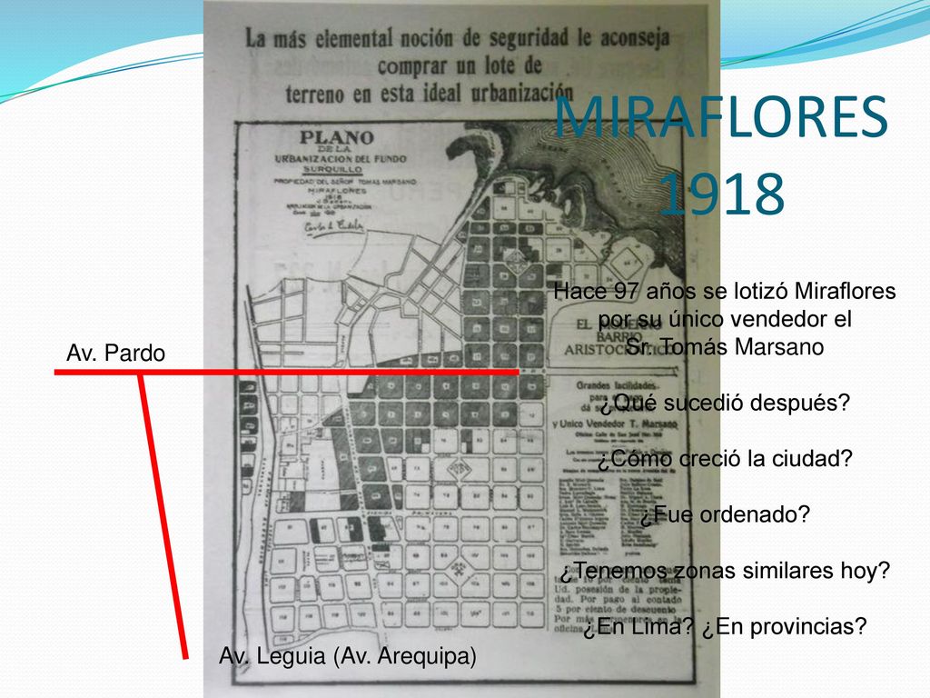 Av. Pardo Av. Leguia (Av. Arequipa) MIRAFLORES Hace 97 años se lotizó Miraflores por su único vendedor el Sr. Tomás Marsano.