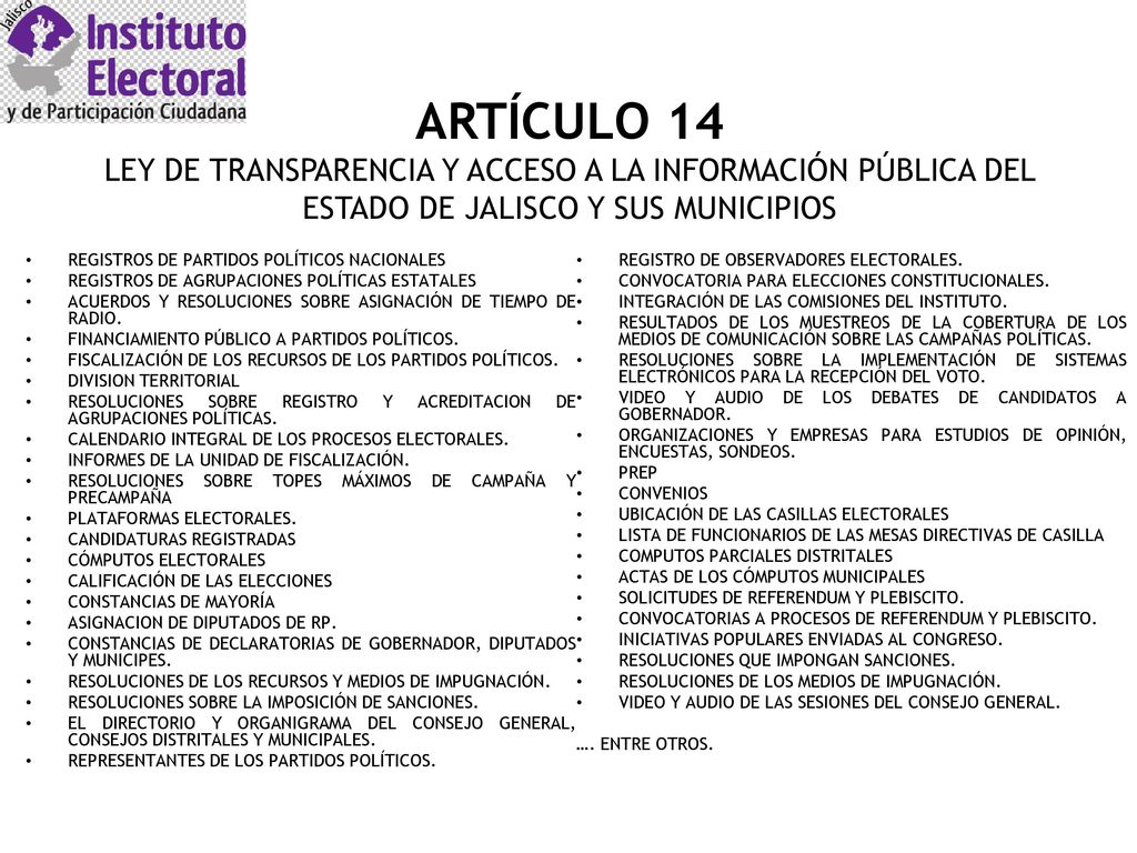 ARTÍCULO 14 LEY DE TRANSPARENCIA Y ACCESO A LA INFORMACIÓN PÚBLICA DEL ESTADO DE JALISCO Y SUS MUNICIPIOS