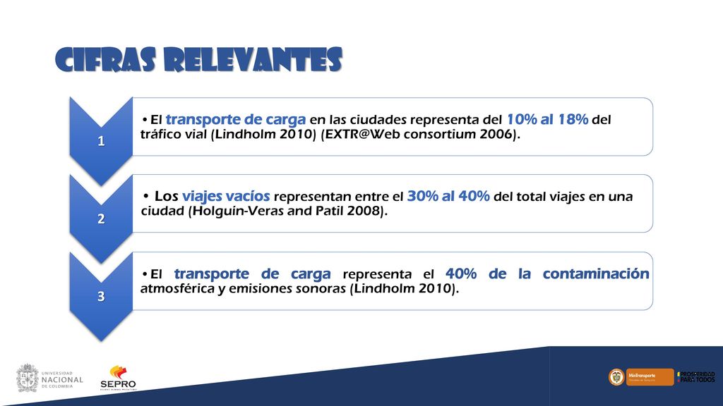 CIFRAS RELEVANTES 1. El transporte de carga en las ciudades representa del 10% al 18% del tráfico vial (Lindholm 2010) consortium 2006).