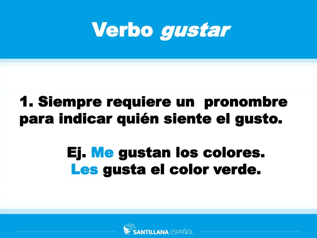 Ej. Me gustan los colores. Les gusta el color verde.
