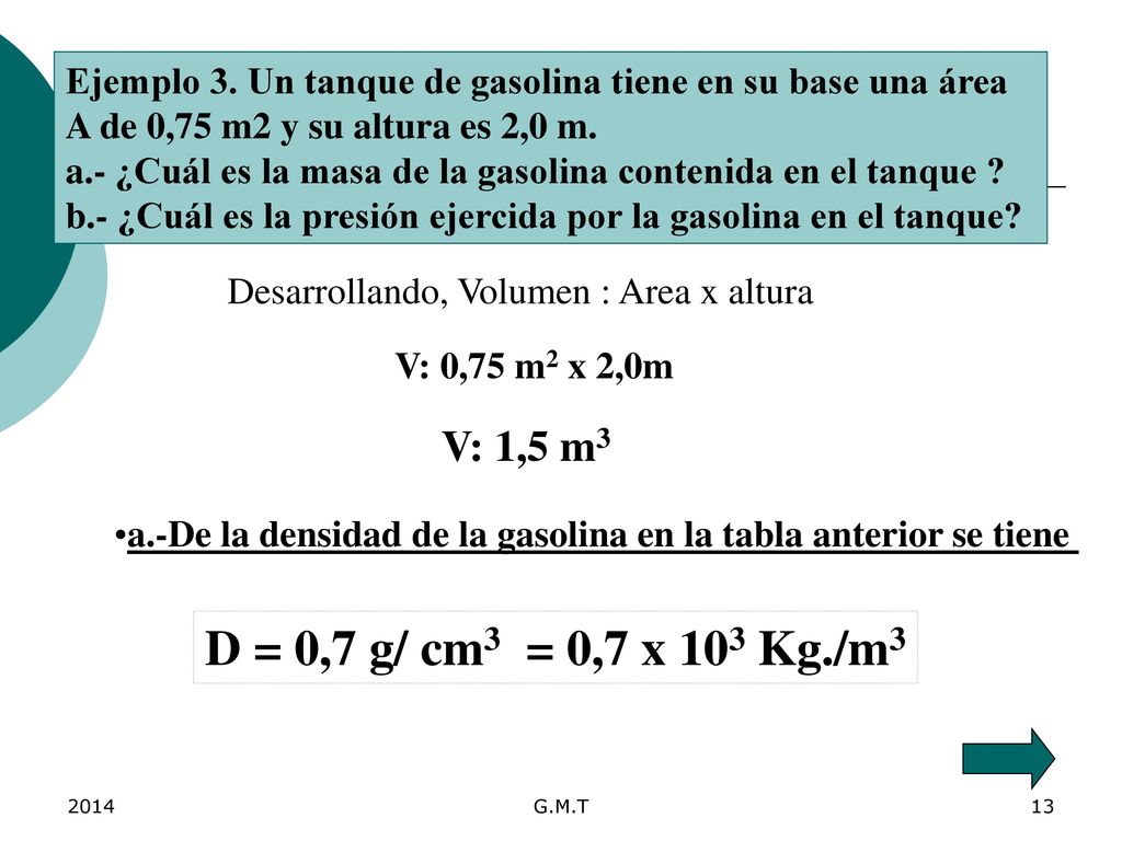 Ejemplo 3. Un tanque de gasolina tiene en su base una área A de 0,75 m2 y su altura es 2,0 m.