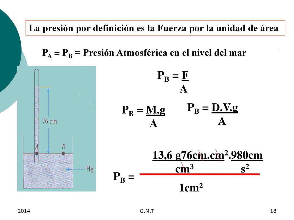 PB = F A PB = D.V.g PB = M.g A A 13,6 g76cm.cm2.980cm cm3 s2 PB = 1cm2