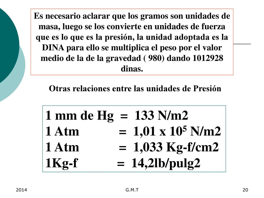 1 mm de Hg = 133 N/m2 1 Atm = 1,01 x 105 N/m2 1 Atm = 1,033 Kg-f/cm2