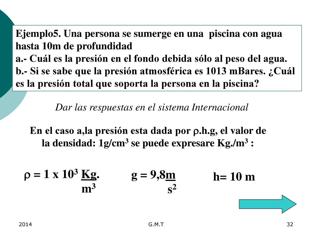 Ejemplo5. Una persona se sumerge en una piscina con agua hasta 10m de profundidad