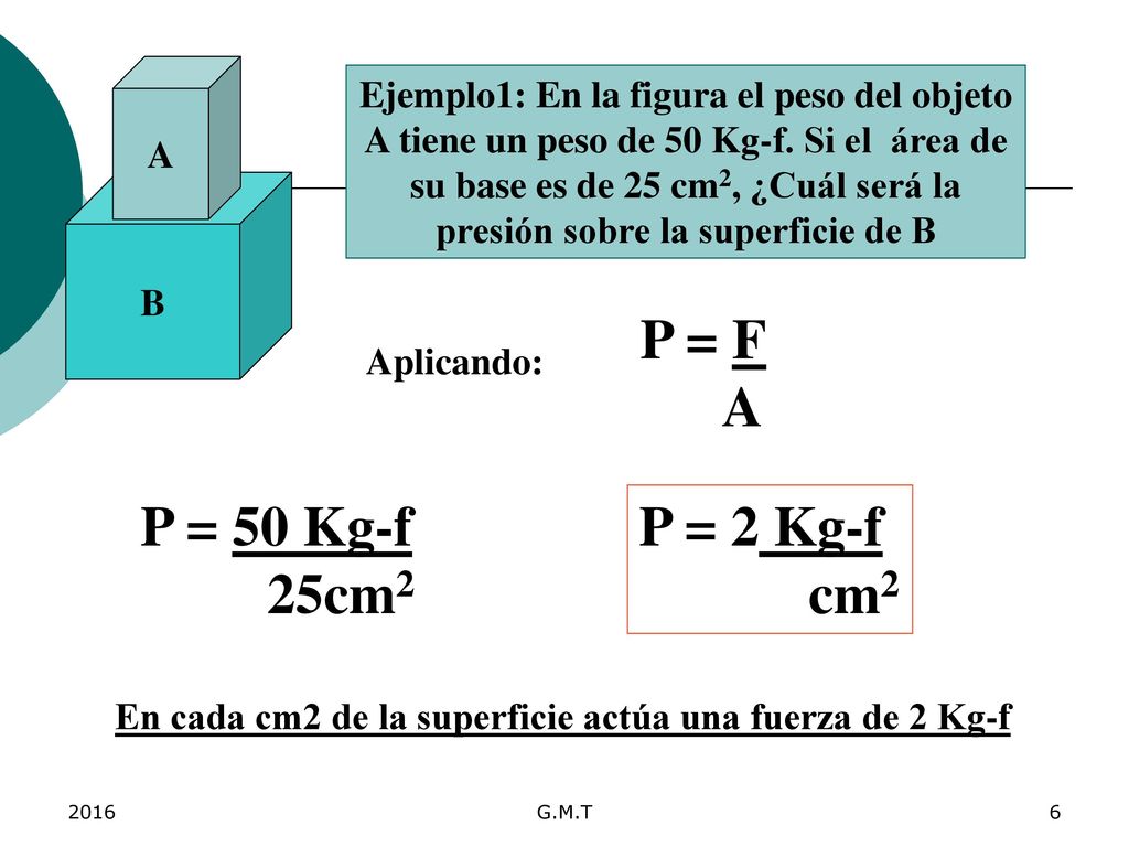 P = F A P = 50 Kg-f 25cm2 P = 2 Kg-f cm2