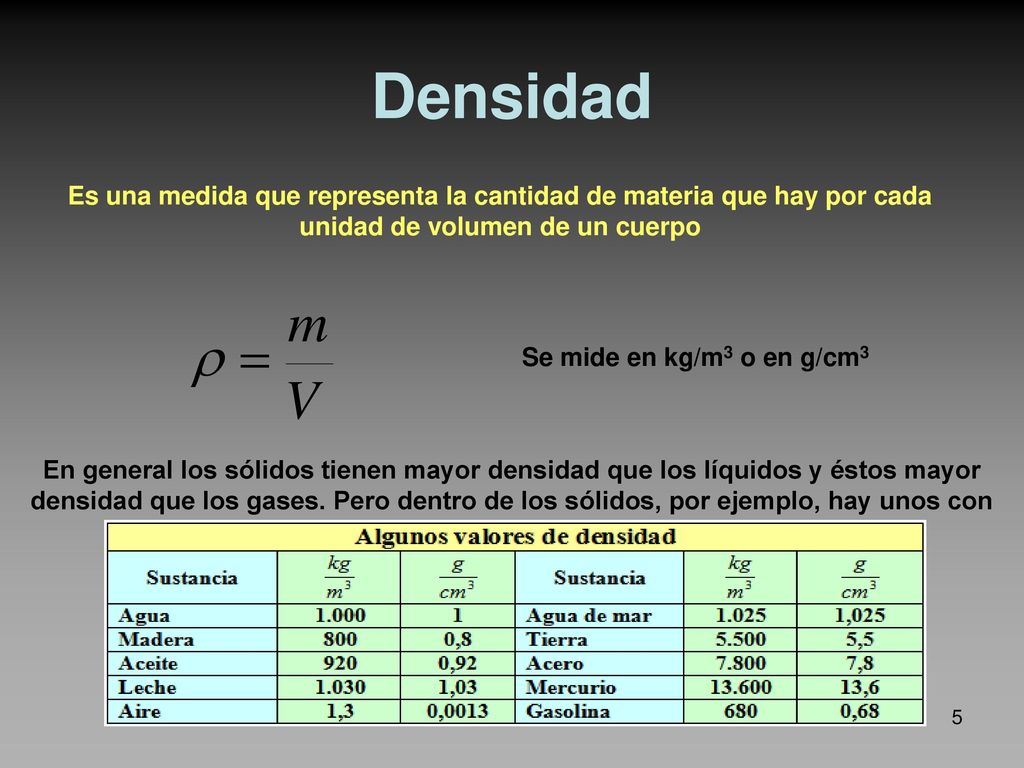 Densidad Es una medida que representa la cantidad de materia que hay por cada unidad de volumen de un cuerpo.