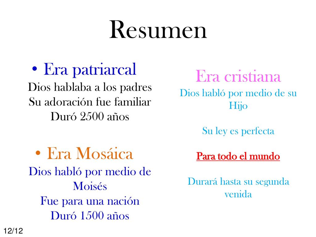 Resumen Era patriarcal Dios hablaba a los padres Su adoración fue familiar Duró 2500 años.