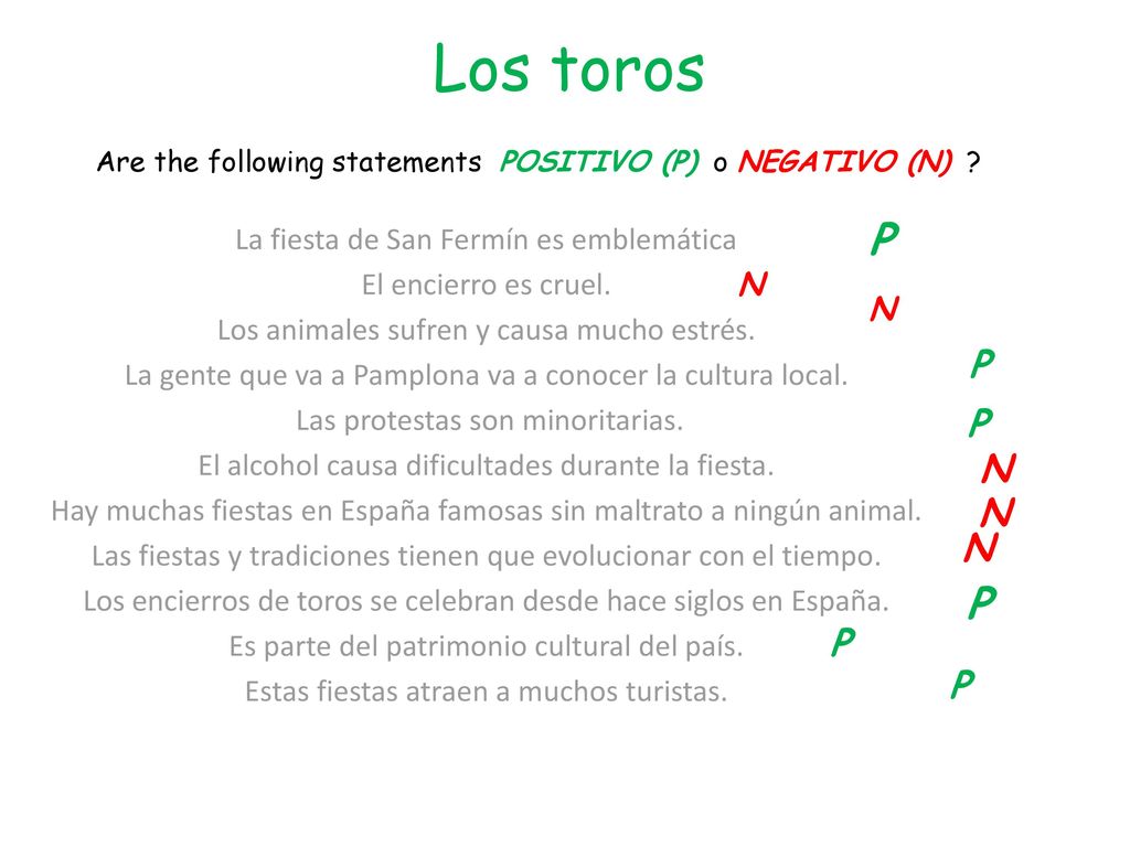 Los toros P P P P N N N P P La fiesta de San Fermín es emblemática