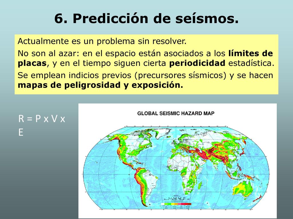6. Predicción de seísmos. R = P x V x E
