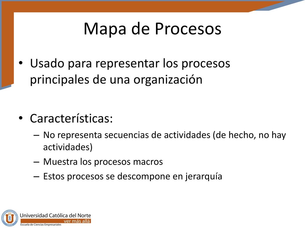 Mapa de Procesos Usado para representar los procesos principales de una organización. Características: