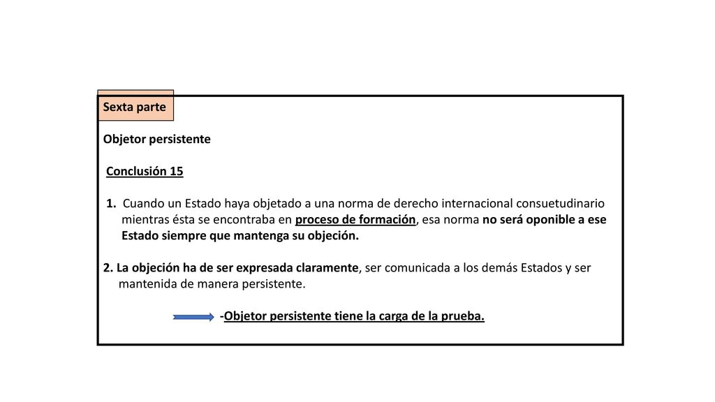 Sexta parte Objetor persistente. Conclusión Cuando un Estado haya objetado a una norma de derecho internacional consuetudinario.