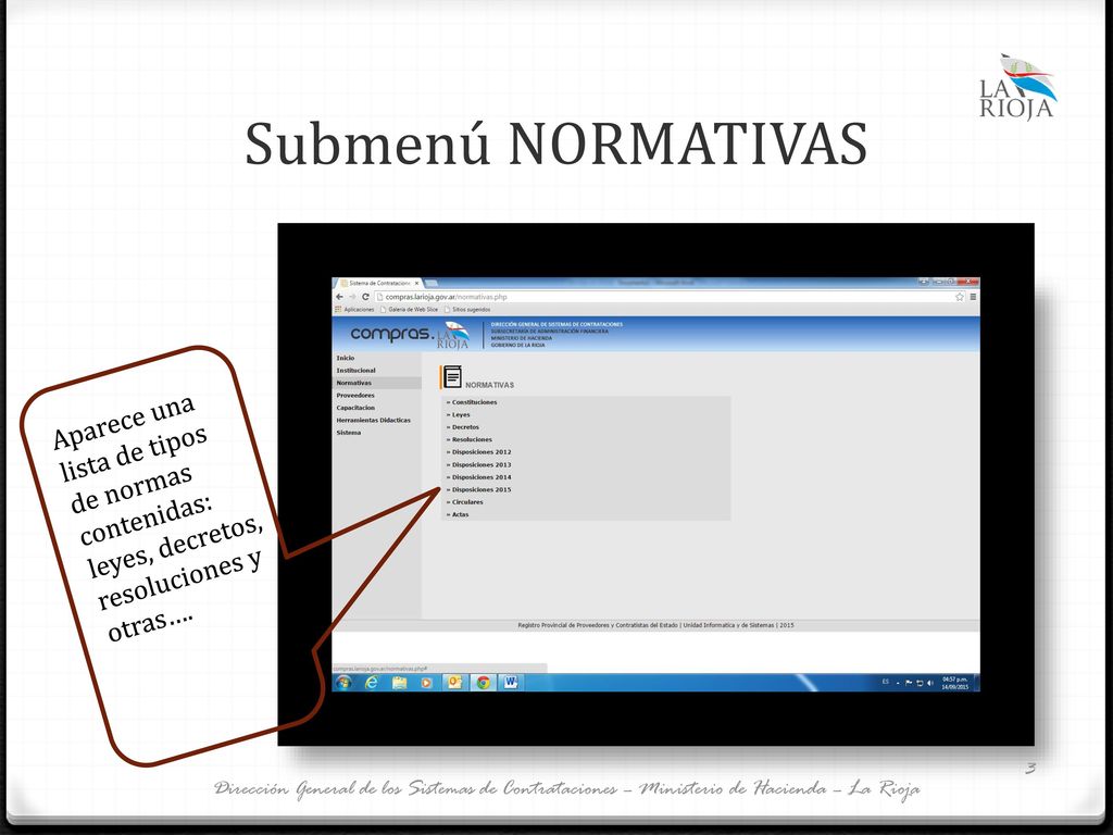 Submenú NORMATIVAS Aparece una lista de tipos de normas contenidas: leyes, decretos, resoluciones y otras….
