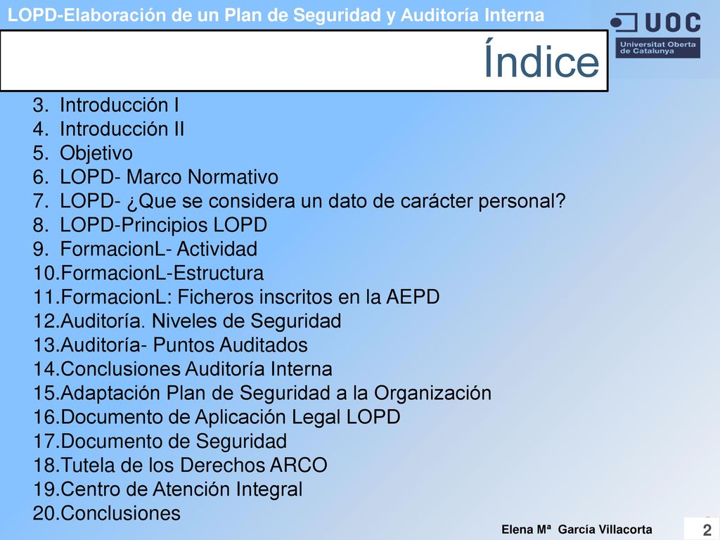 Índice Introducción I Introducción II Objetivo LOPD- Marco Normativo