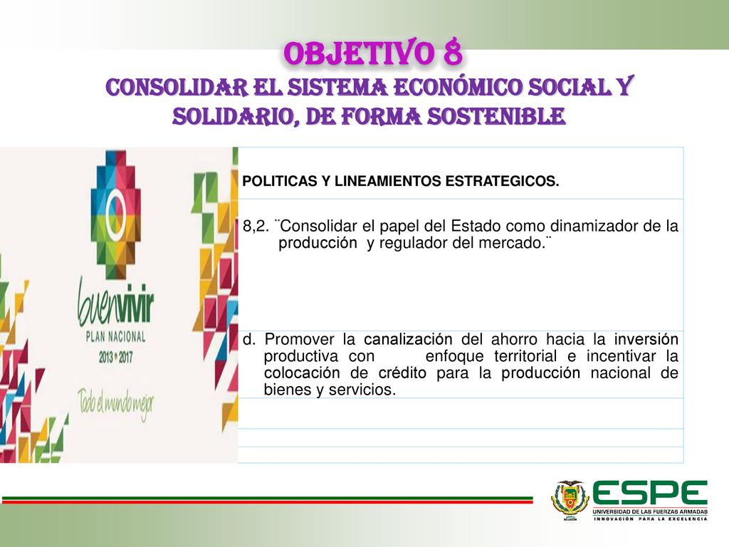 OBJETIVO 8 Consolidar el sistema económico social y solidario, de forma sostenible