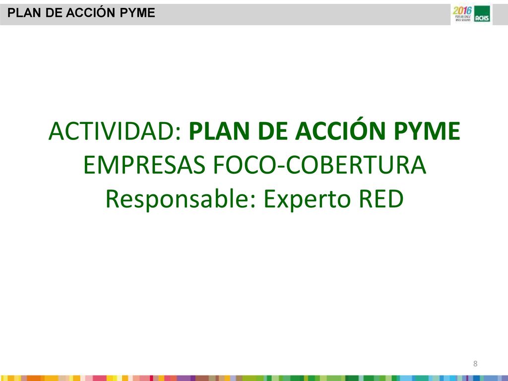 PLAN DE ACCIÓN PYME ACTIVIDAD: PLAN DE ACCIÓN PYME EMPRESAS FOCO-COBERTURA Responsable: Experto RED