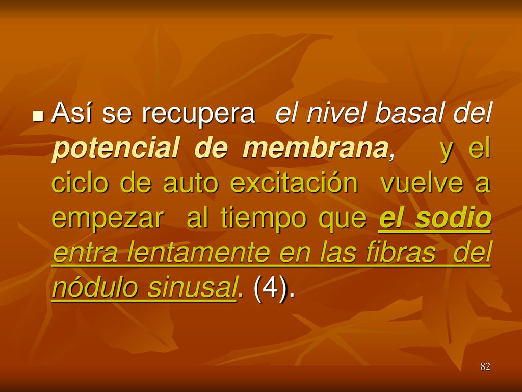 Así se recupera el nivel basal del potencial de membrana, y el ciclo de auto excitación vuelve a empezar al tiempo que el sodio entra lentamente en las fibras del nódulo sinusal.