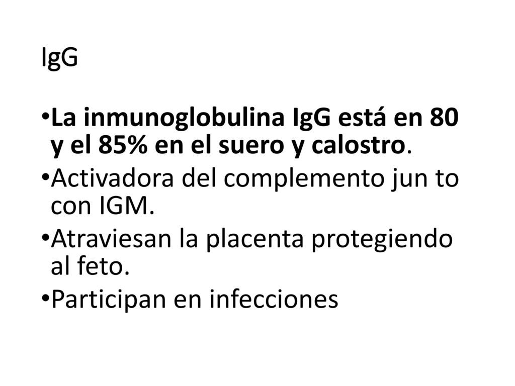 IgG La inmunoglobulina IgG está en 80 y el 85% en el suero y calostro. Activadora del complemento jun to con IGM.