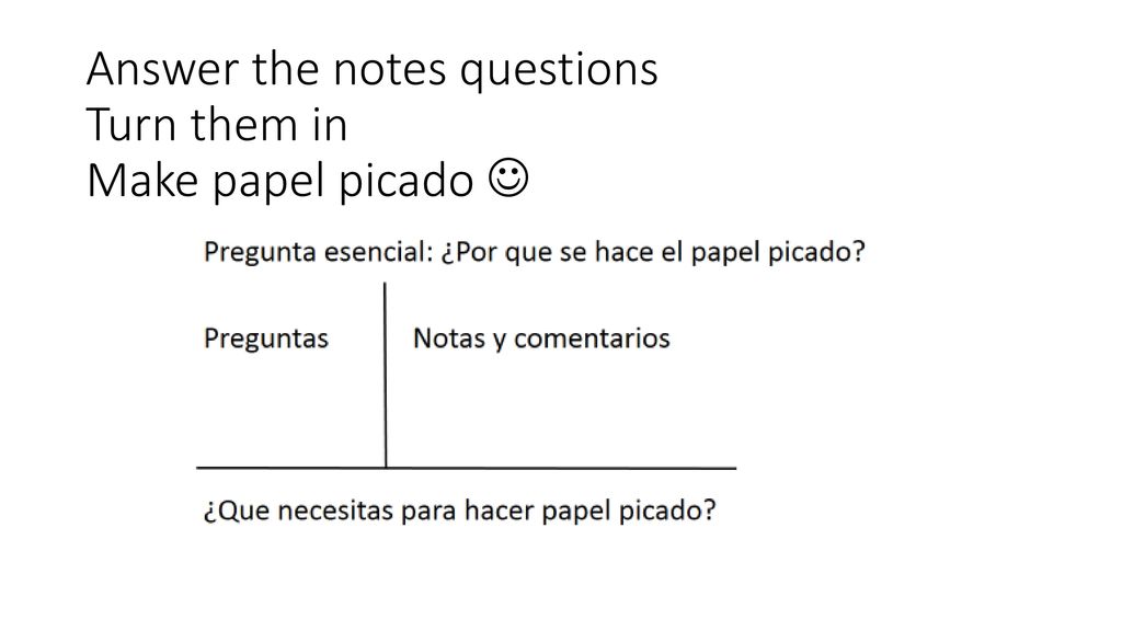 Answer the notes questions Turn them in Make papel picado 