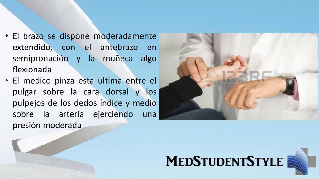 El brazo se dispone moderadamente extendido, con el antebrazo en semipronación y la muñeca algo flexionada