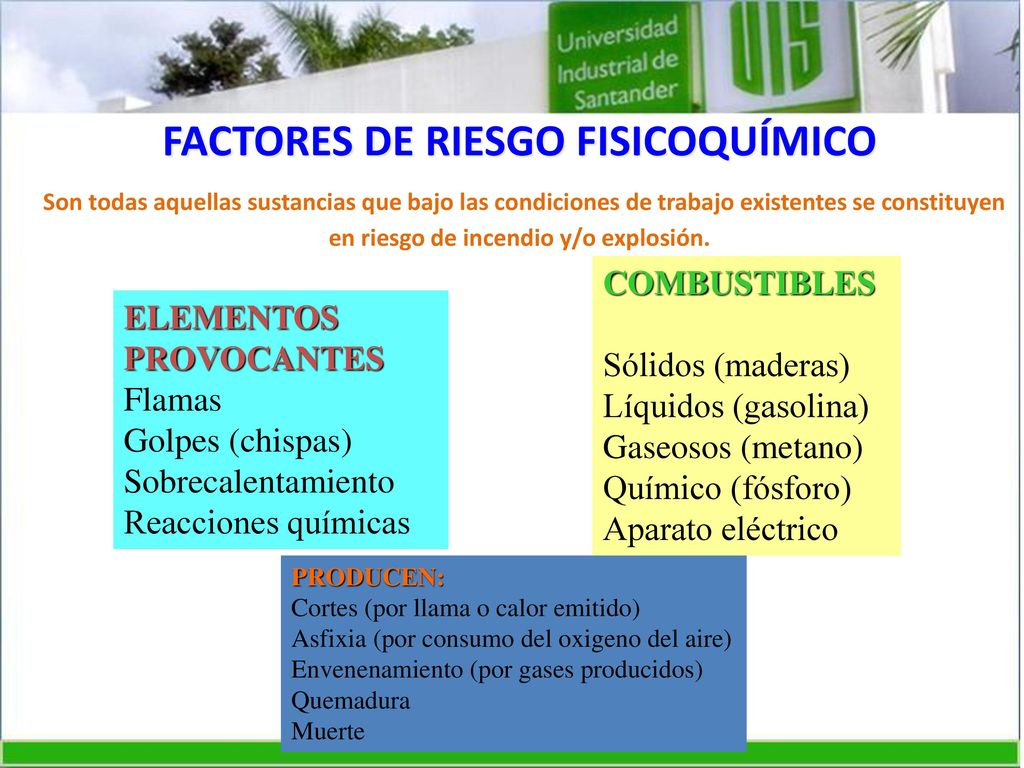 FACTORES DE RIESGO FISICOQUÍMICO Son todas aquellas sustancias que bajo las condiciones de trabajo existentes se constituyen en riesgo de incendio y/o explosión.
