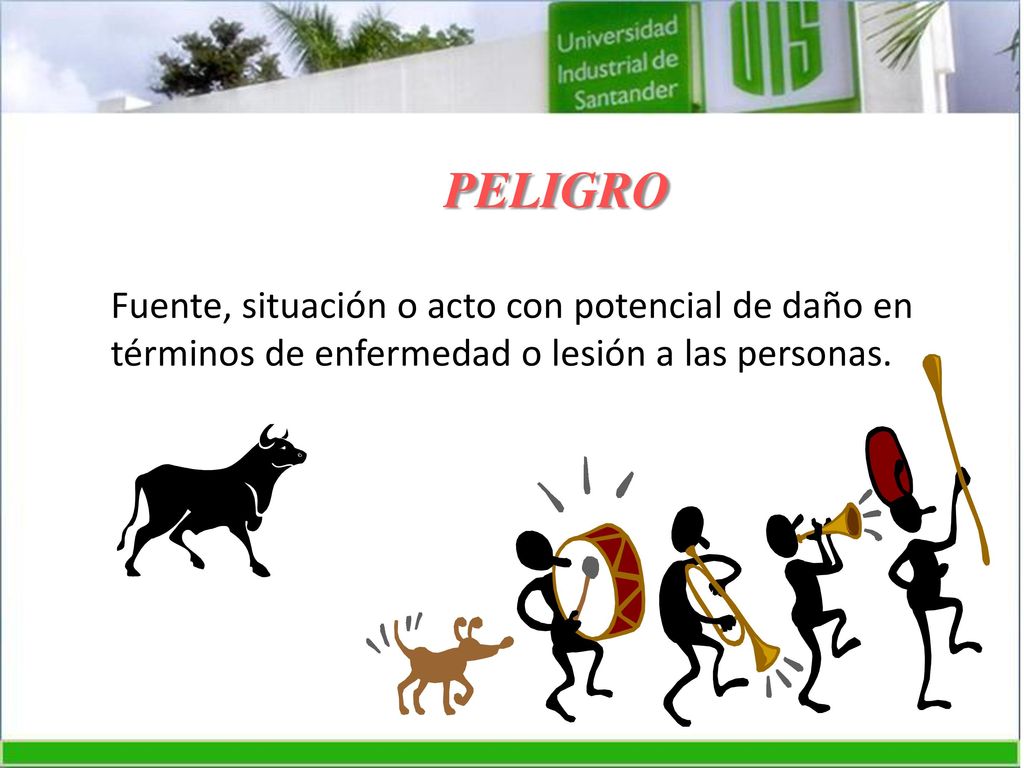 PELIGRO Fuente, situación o acto con potencial de daño en términos de enfermedad o lesión a las personas.