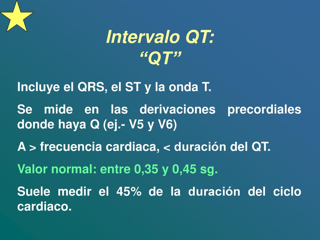 Intervalo QT: QT Incluye el QRS, el ST y la onda T.