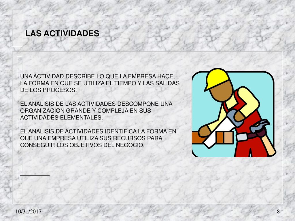 LAS ACTIVIDADES UNA ACTIVIDAD DESCRIBE LO QUE LA EMPRESA HACE, LA FORMA EN QUE SE UTILIZA EL TIEMPO Y LAS SALIDAS DE LOS PROCESOS.