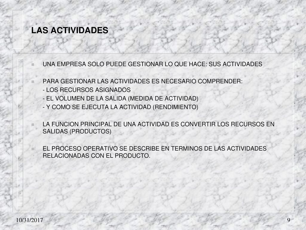 LAS ACTIVIDADES UNA EMPRESA SOLO PUEDE GESTIONAR LO QUE HACE: SUS ACTIVIDADES. PARA GESTIONAR LAS ACTIVIDADES ES NECESARIO COMPRENDER: