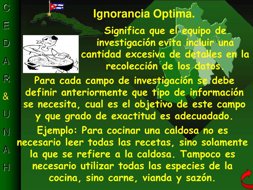 Ignorancia Optima.* Significa que el equipo de investigación evita incluir una cantidad excesiva de detalles en la recolección de los datos.