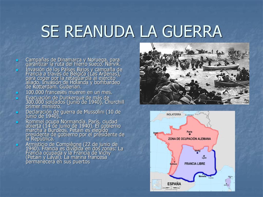 SE REANUDA LA GUERRA Campañas de Dinamarca y Noruega, para garantizar la ruta del hierro sueco. Narvik.