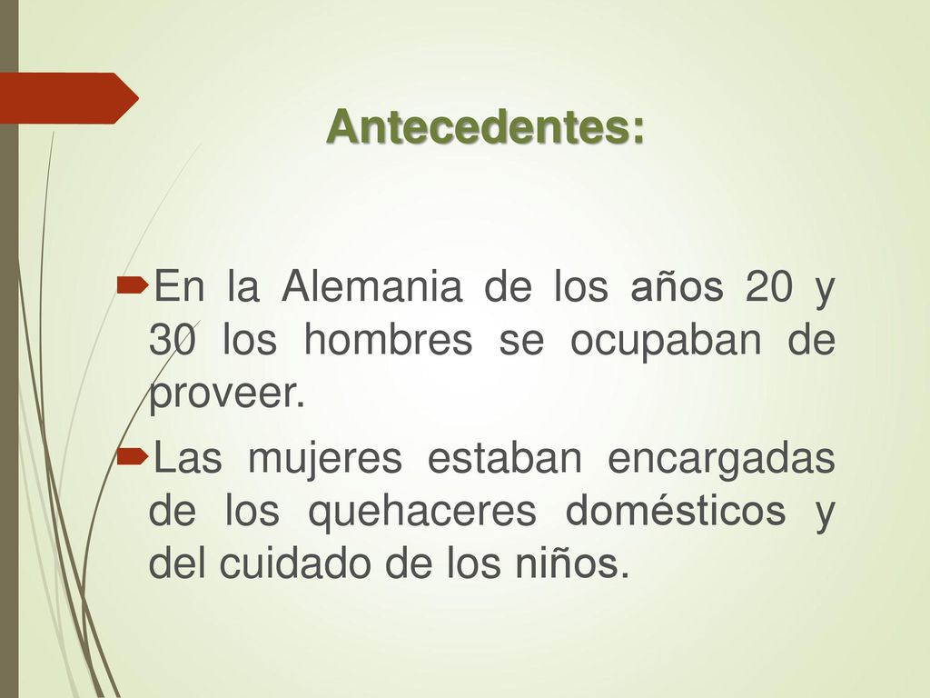Antecedentes: En la Alemania de los años 20 y 30 los hombres se ocupaban de proveer.