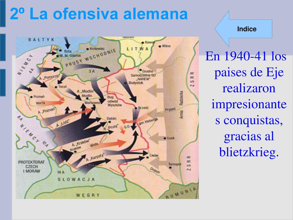 2º La ofensiva alemana En los paises de Eje realizaron impresionante s conquistas, gracias al blietzkrieg.