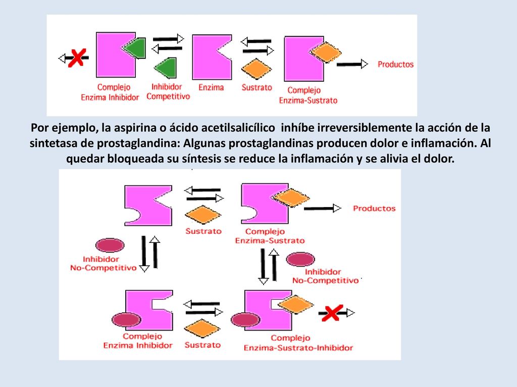 Por ejemplo, la aspirina o ácido acetilsalicílico inhíbe irreversiblemente la acción de la sintetasa de prostaglandina: Algunas prostaglandinas producen dolor e inflamación.