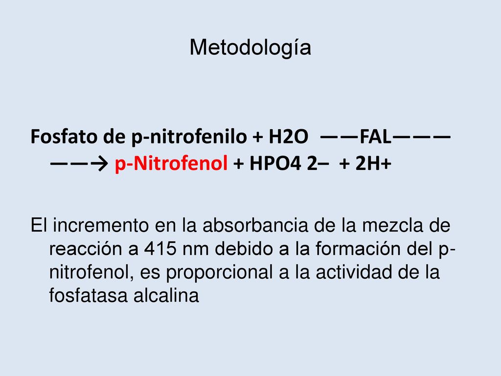 Metodología Fosfato de p-nitrofenilo + H2O ——FAL—————→ p-Nitrofenol + HPO4 2– + 2H+
