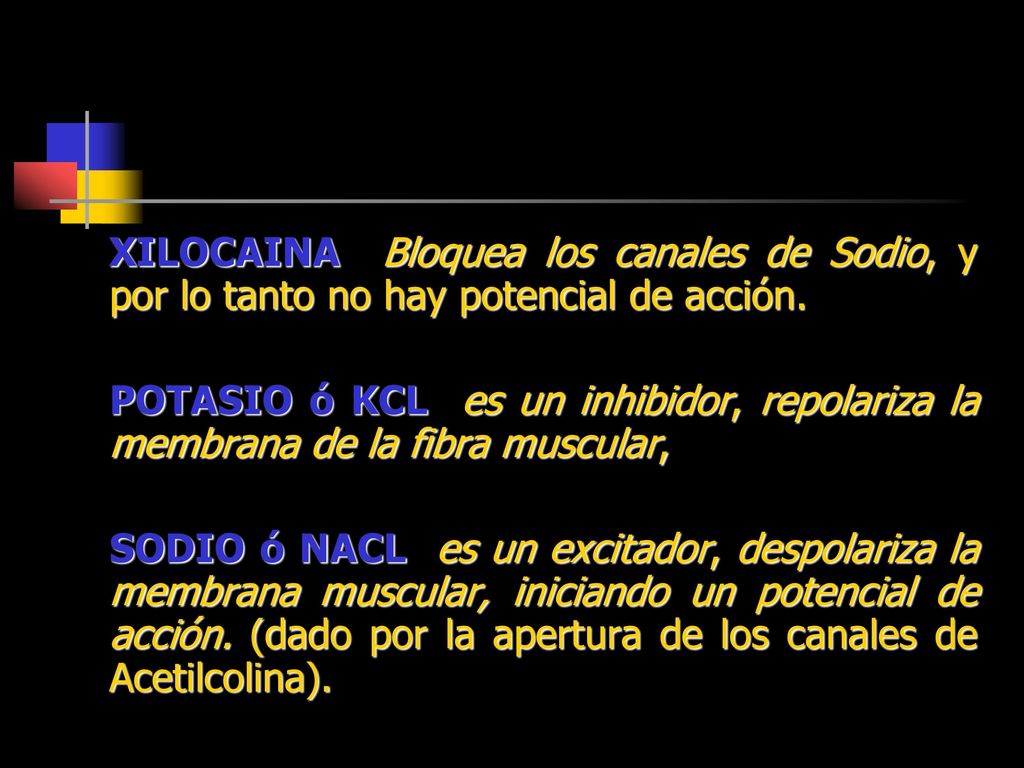 XILOCAINA Bloquea los canales de Sodio, y por lo tanto no hay potencial de acción.