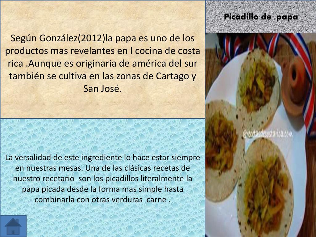Según González(2012)la papa es uno de los productos mas revelantes en l cocina de costa rica .Aunque es originaria de américa del sur también se cultiva en las zonas de Cartago y San José.