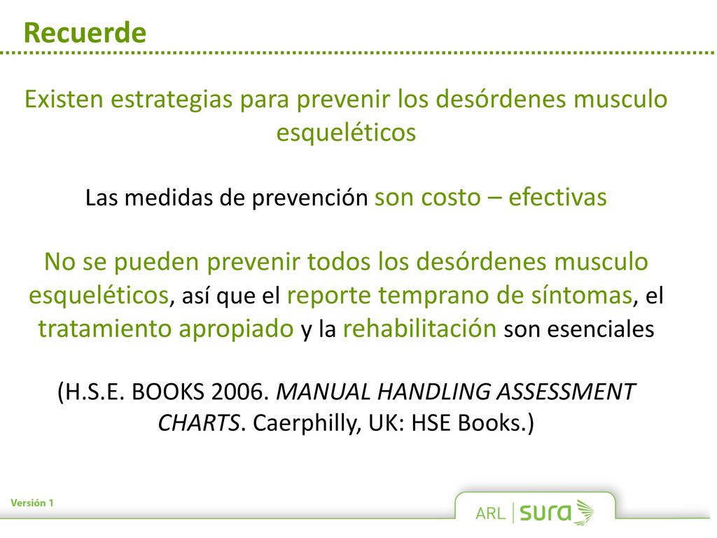 Recuerde Existen estrategias para prevenir los desórdenes musculo esqueléticos. Las medidas de prevención son costo – efectivas.