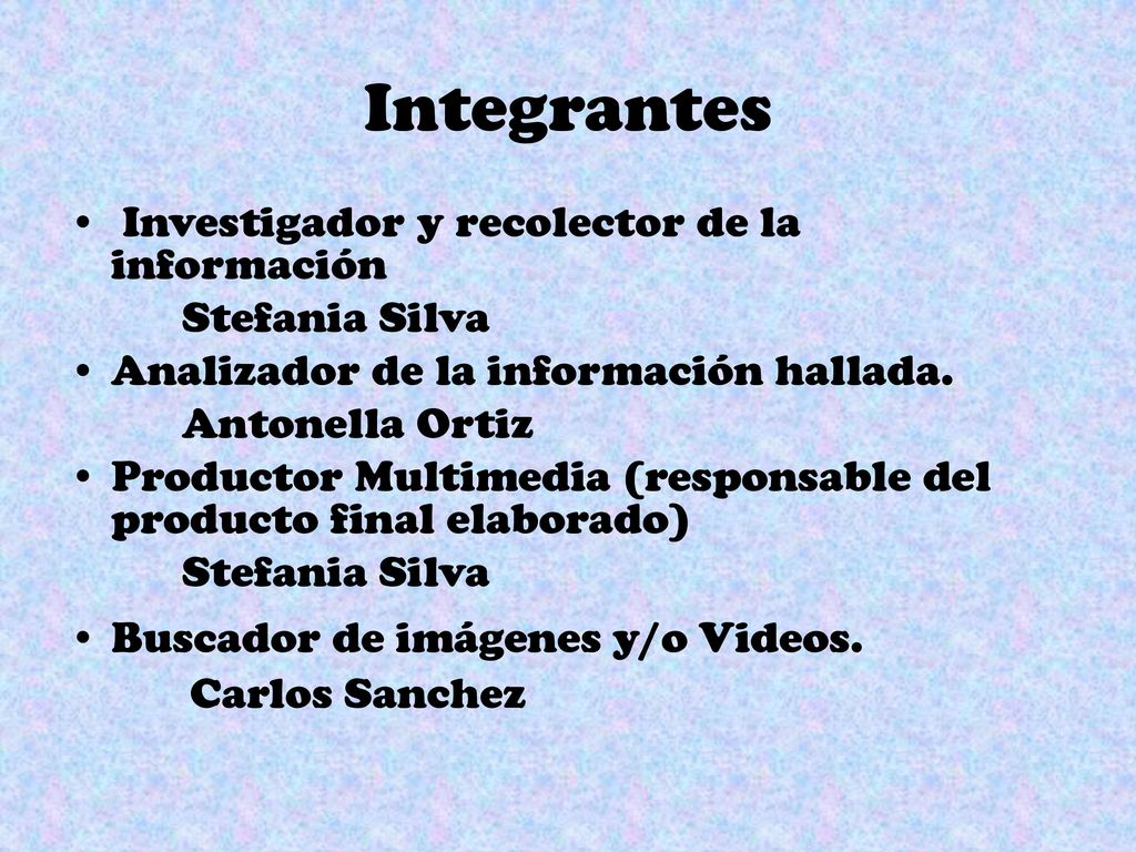 Integrantes Investigador y recolector de la información Stefania Silva