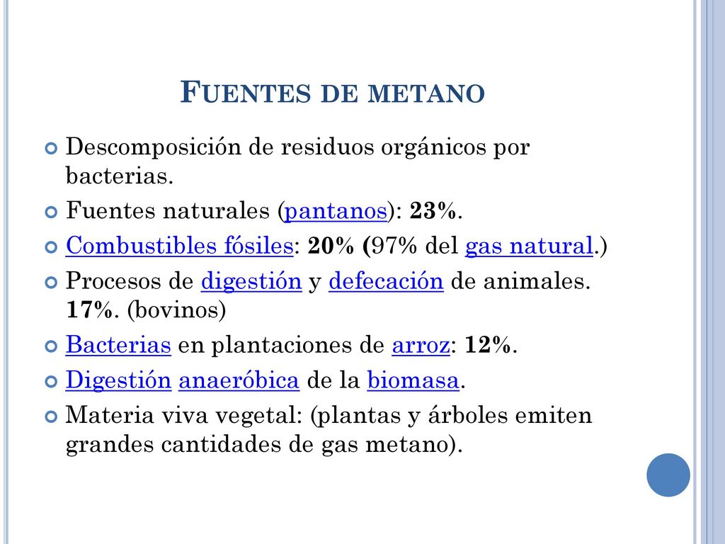 Fuentes de metano Descomposición de residuos orgánicos por bacterias.