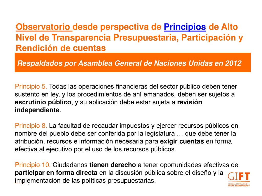Observatorio desde perspectiva de Principios de Alto Nivel de Transparencia Presupuestaria, Participación y Rendición de cuentas