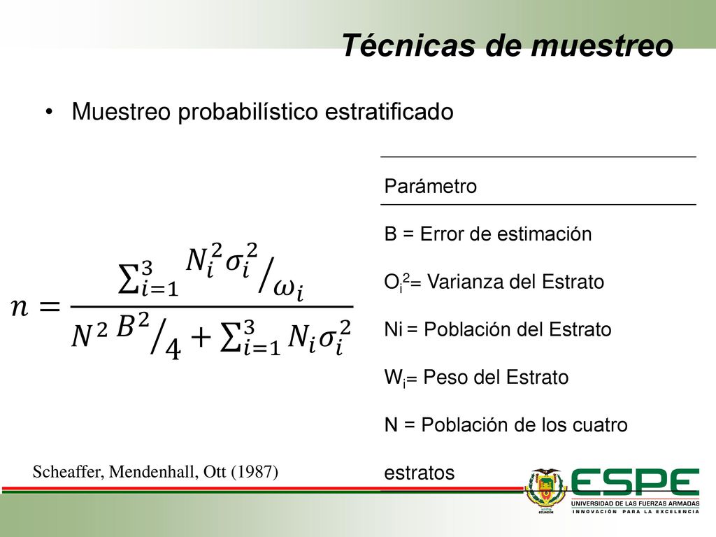 Técnicas de muestreo Muestreo probabilístico estratificado. Parámetro. B = Error de estimación. Oi2= Varianza del Estrato.