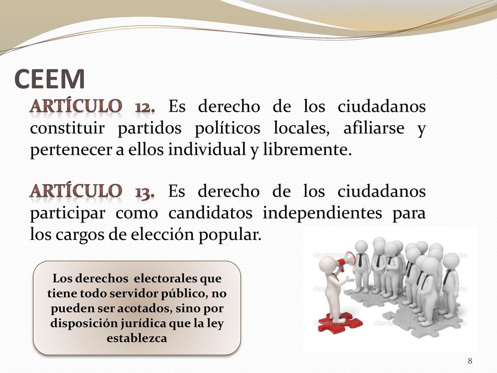 CEEM Artículo 12. Es derecho de los ciudadanos constituir partidos políticos locales, afiliarse y pertenecer a ellos individual y libremente.