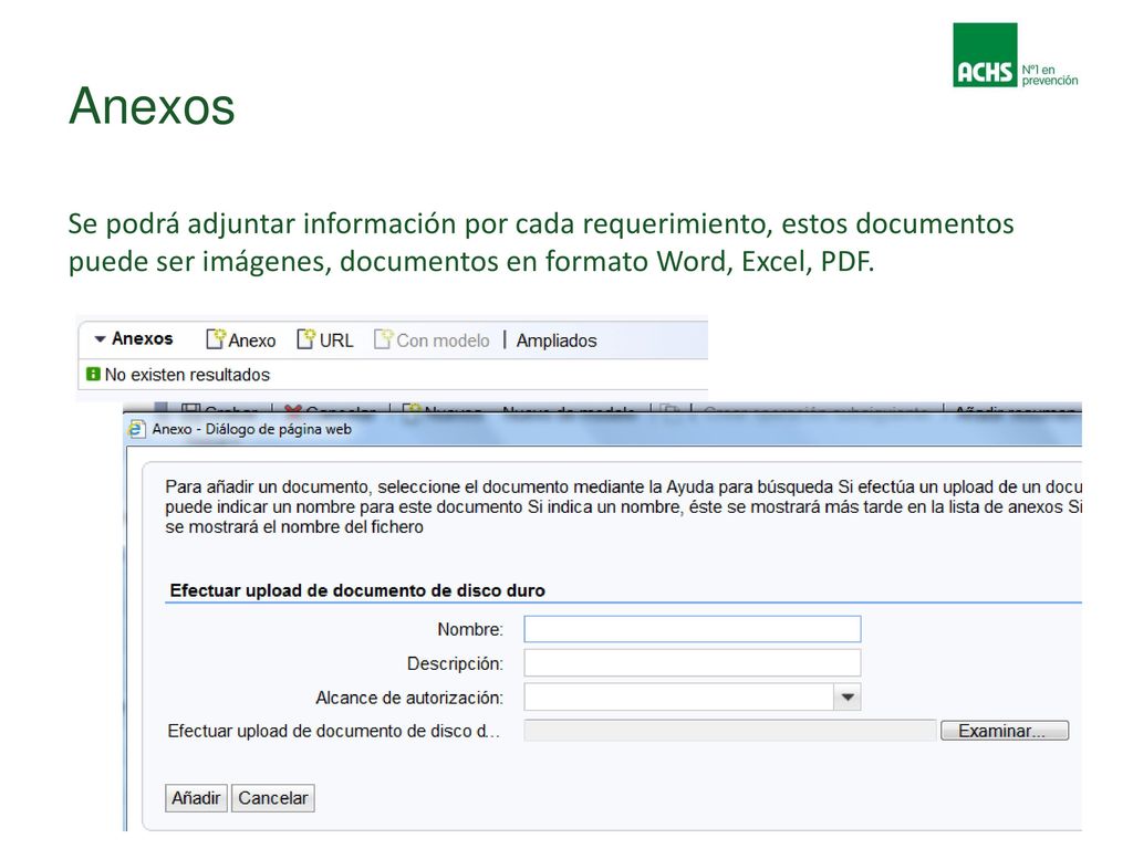 Anexos Se podrá adjuntar información por cada requerimiento, estos documentos puede ser imágenes, documentos en formato Word, Excel, PDF.