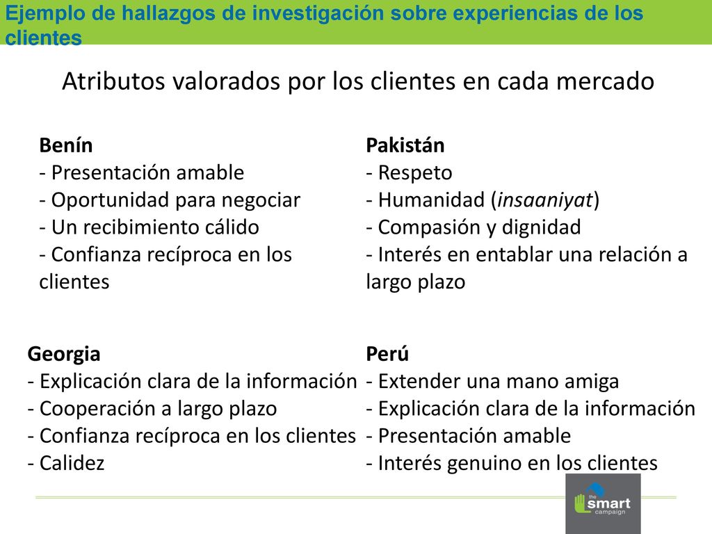 Atributos valorados por los clientes en cada mercado